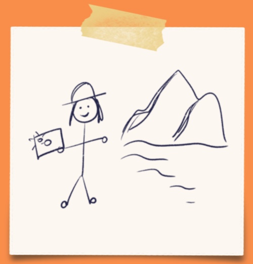 cartoon of a person in a hat with a camera standing next to some mountains and water