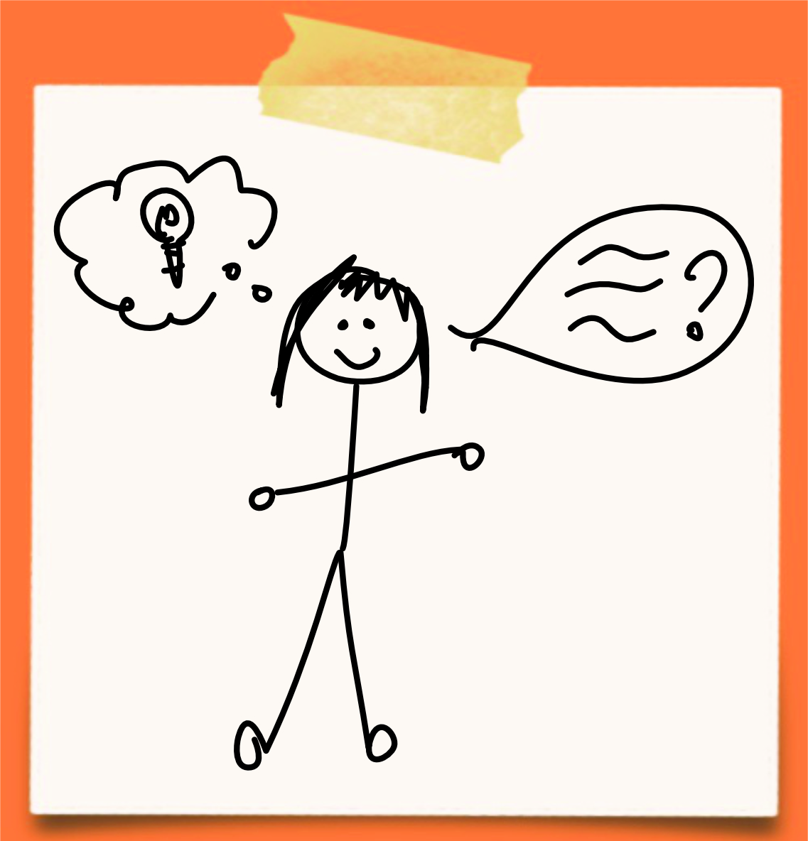 Cartoon of a person with an idea bubble and a speech bubble with a question mark