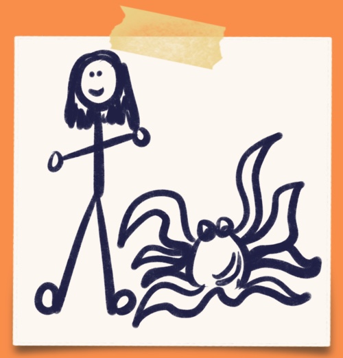 Cartoon of a person standing next to a cartoon Octopus