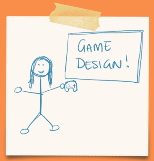 cartoon of a teacher holding a game controller teaching game design