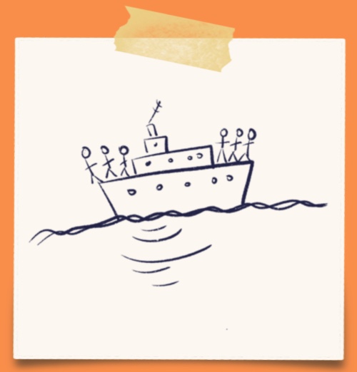Cartoon of six stick figures standing on a ship with soundwaves coming out underneath