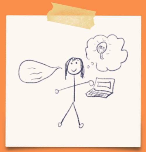 Cartoon of a person holding a laptop and thinking about ideas