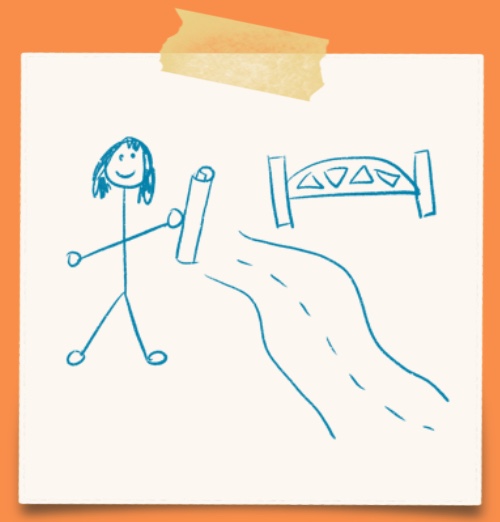 cartoon of a person with a roll of plans standing in front of a bridge