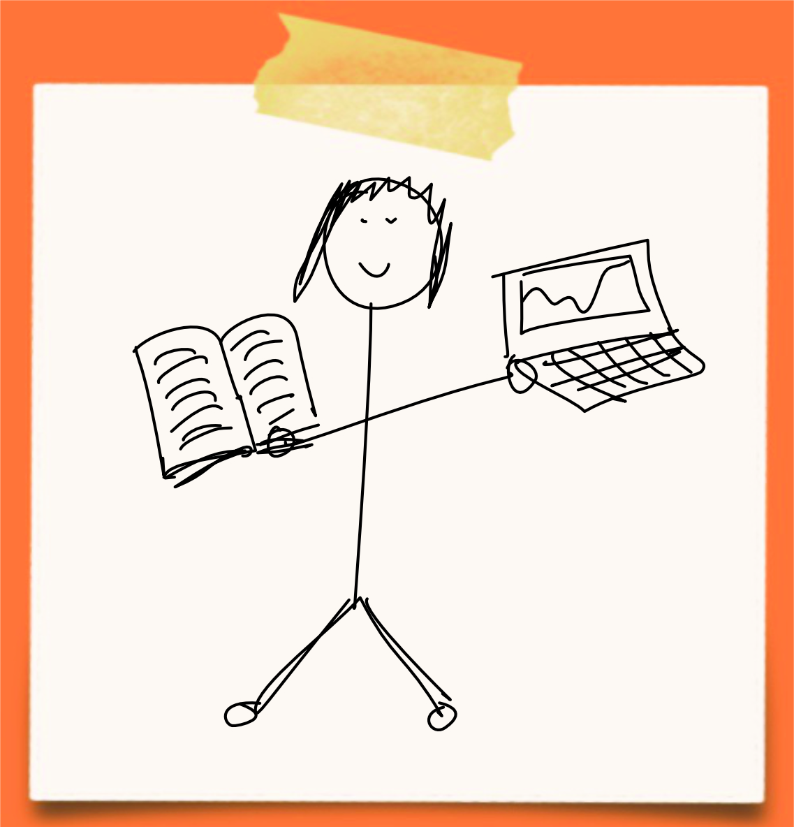 Cartoon of a person holding an old notebook and a laptop with a graph on it