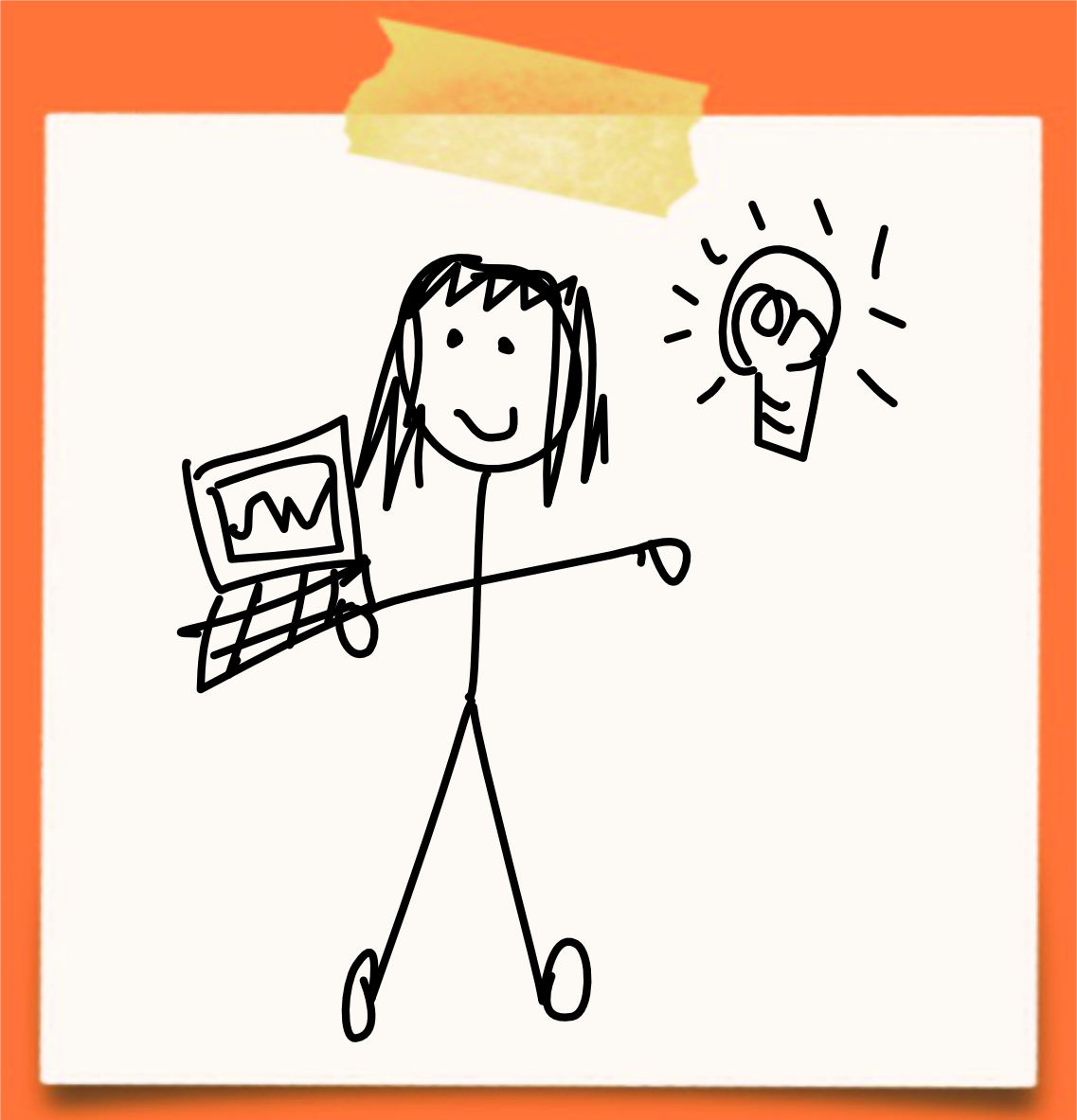 Cartoon of a person with a laptop and an idea light bulb