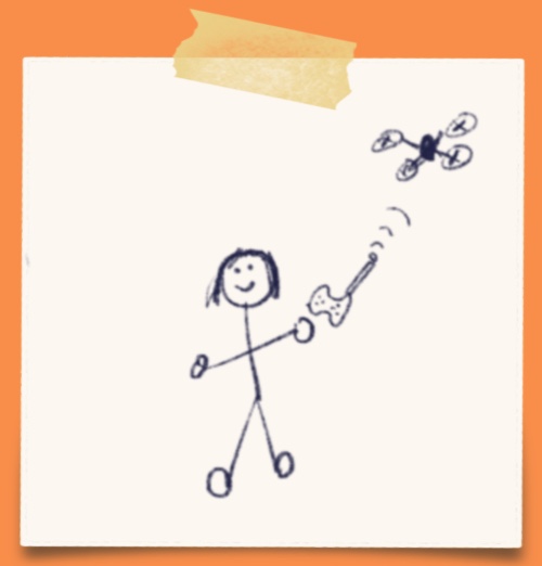 Cartoon of a stick figure with a remote control and a quadcopter above them