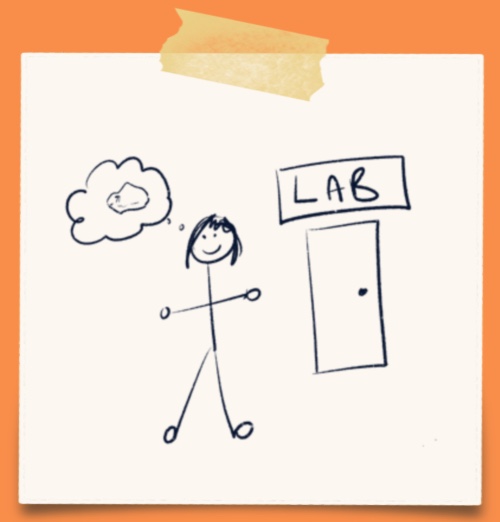 Cartoon person standing infront of a lab thinking about rocks